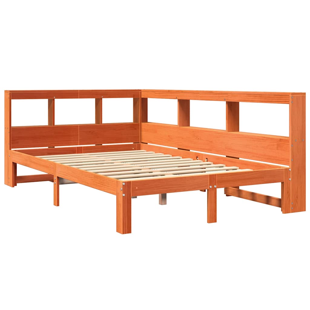 vidaXL Pat cu bibliotecă fără saltea, maro, 120x200 cm, lemn masiv pin vidaXL Pat cu bibliotecă fără saltea, maro, 120x200 cm, lemn masiv pin