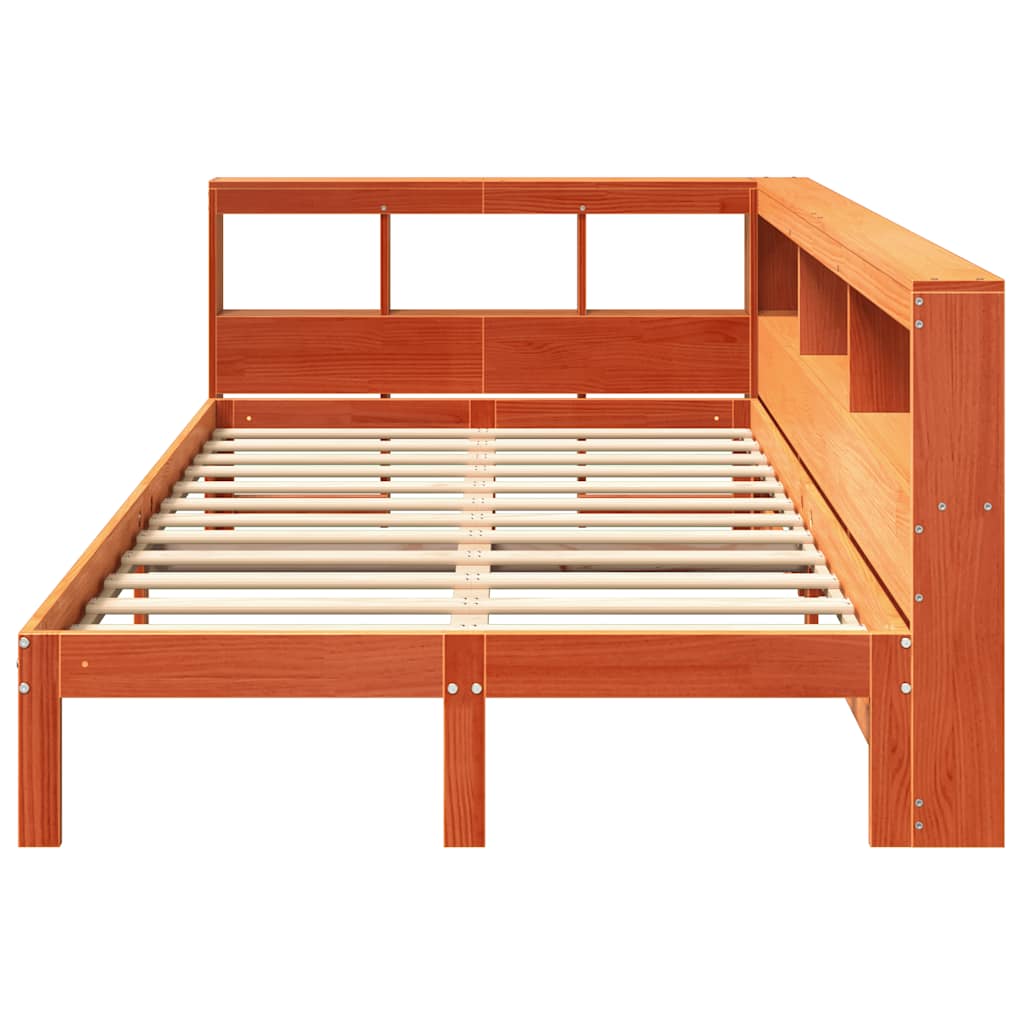 vidaXL Pat cu bibliotecă fără saltea, maro, 120x200 cm, lemn masiv pin vidaXL Pat cu bibliotecă fără saltea, maro, 120x200 cm, lemn masiv pin