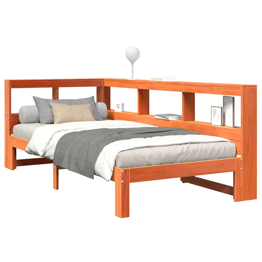 vidaXL Pat cu bibliotecă fără saltea, maro, 90x200 cm, lemn masiv pin