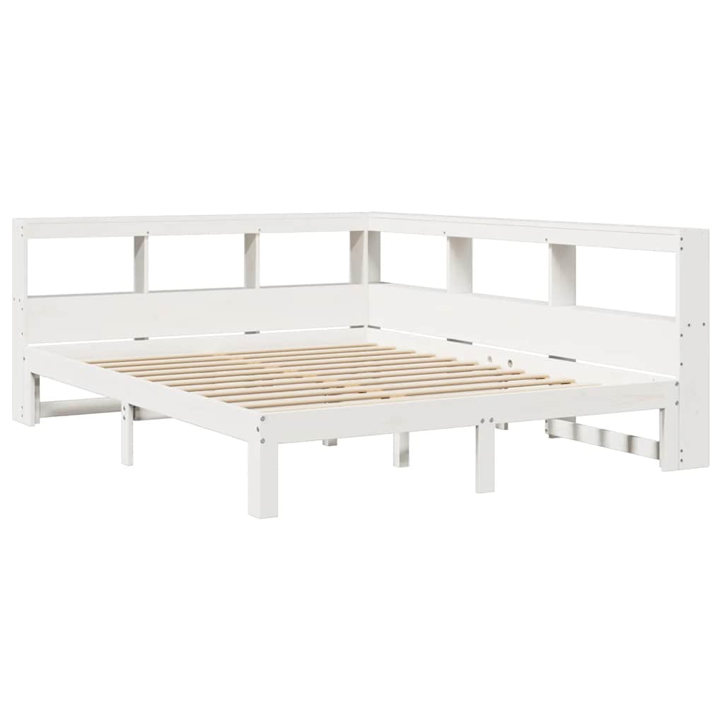 vidaXL Pat cu bibliotecă fără saltea, alb, 140x190 cm, lemn masiv pin
