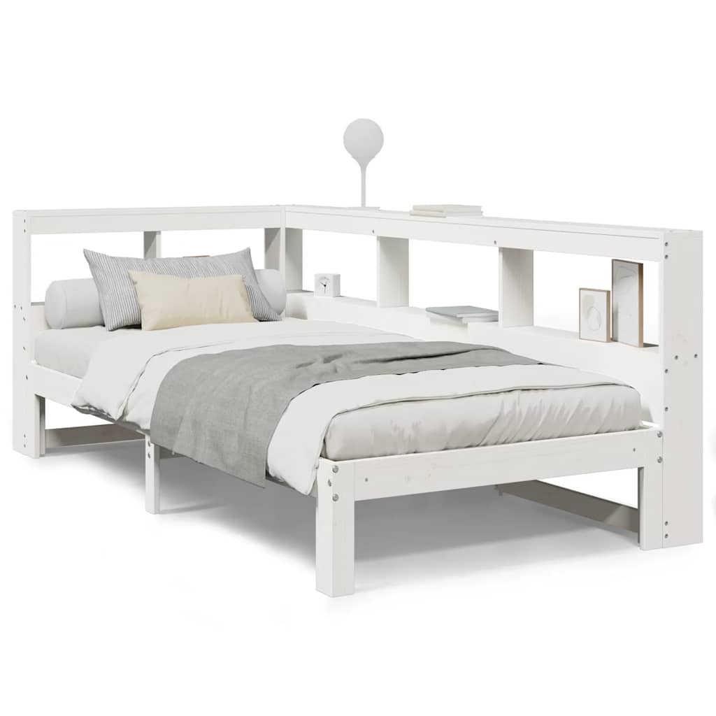 vidaXL Pat cu bibliotecă fără saltea, alb, 75x190 cm, lemn masiv pin vidaXL Pat cu bibliotecă fără saltea, alb, 75x190 cm, lemn masiv pin