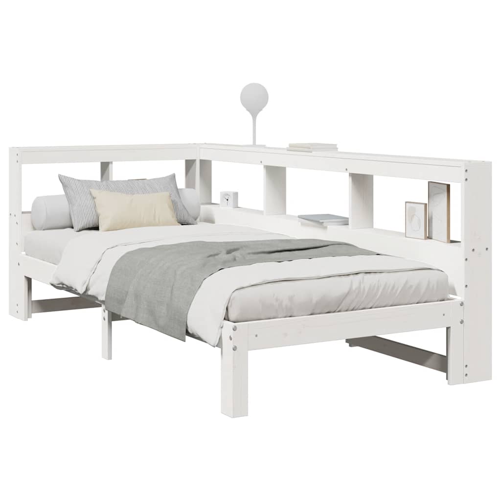 vidaXL Pat cu bibliotecă fără saltea, alb, 75x190 cm, lemn masiv pin vidaXL Pat cu bibliotecă fără saltea, alb, 75x190 cm, lemn masiv pin