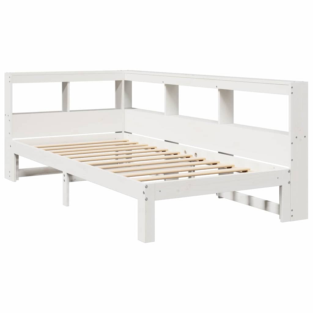 vidaXL Pat cu bibliotecă fără saltea, alb, 75x190 cm, lemn masiv pin vidaXL Pat cu bibliotecă fără saltea, alb, 75x190 cm, lemn masiv pin
