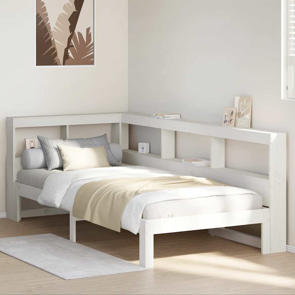 vidaXL Pat cu bibliotecă fără saltea, alb, 75x190 cm, lemn masiv pin vidaXL Pat cu bibliotecă fără saltea, alb, 75x190 cm, lemn masiv pin