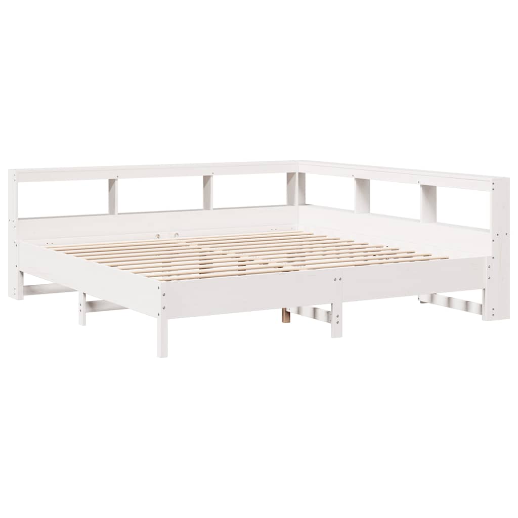 vidaXL Pat cu bibliotecă fără saltea, alb, 200x200 cm, lemn masiv pin
