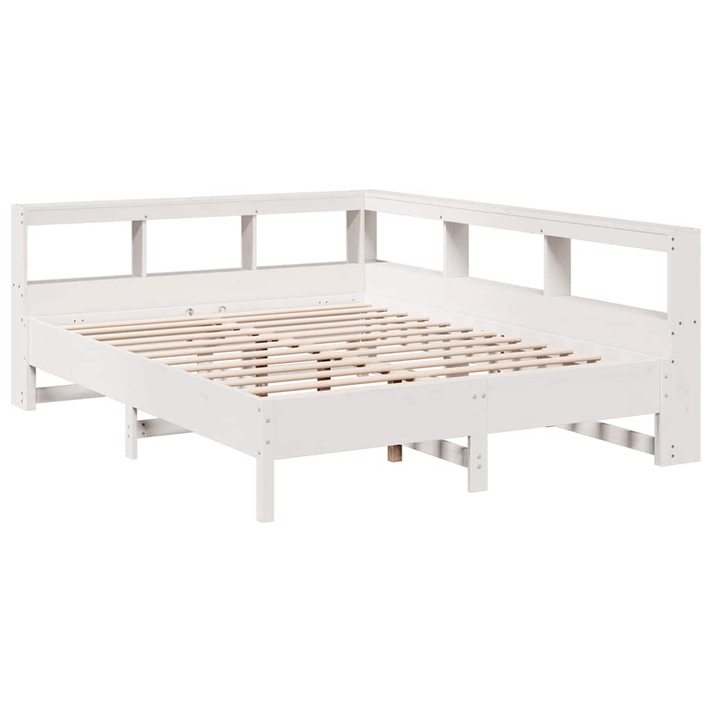 vidaXL Pat cu bibliotecă fără saltea, alb, 150x200 cm, lemn masiv pin