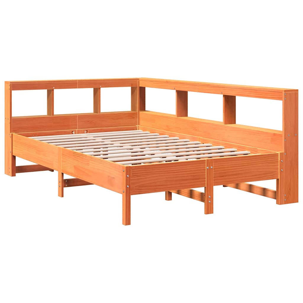 vidaXL Pat cu bibliotecă fără saltea, maro, 120x200 cm, lemn masiv pin vidaXL Pat cu bibliotecă fără saltea, maro, 120x200 cm, lemn masiv pin