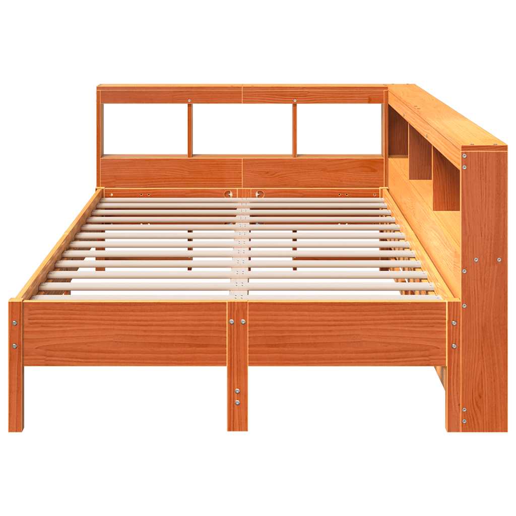 vidaXL Pat cu bibliotecă fără saltea, maro, 120x200 cm, lemn masiv pin vidaXL Pat cu bibliotecă fără saltea, maro, 120x200 cm, lemn masiv pin