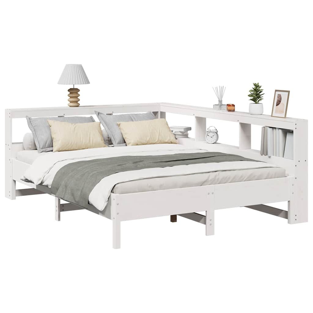 vidaXL Pat cu bibliotecă fără saltea, alb, 135x190 cm, lemn masiv pin vidaXL Pat cu bibliotecă fără saltea, alb, 135x190 cm, lemn masiv pin