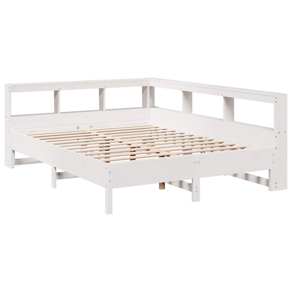 vidaXL Pat cu bibliotecă fără saltea, alb, 135x190 cm, lemn masiv pin vidaXL Pat cu bibliotecă fără saltea, alb, 135x190 cm, lemn masiv pin