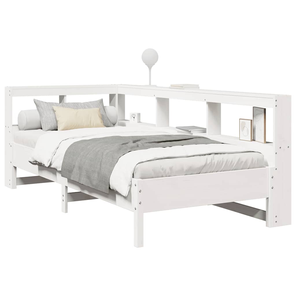 vidaXL Pat cu bibliotecă fără saltea, alb, 90x190 cm, lemn masiv pin vidaXL Pat cu bibliotecă fără saltea, alb, 90x190 cm, lemn masiv pin
