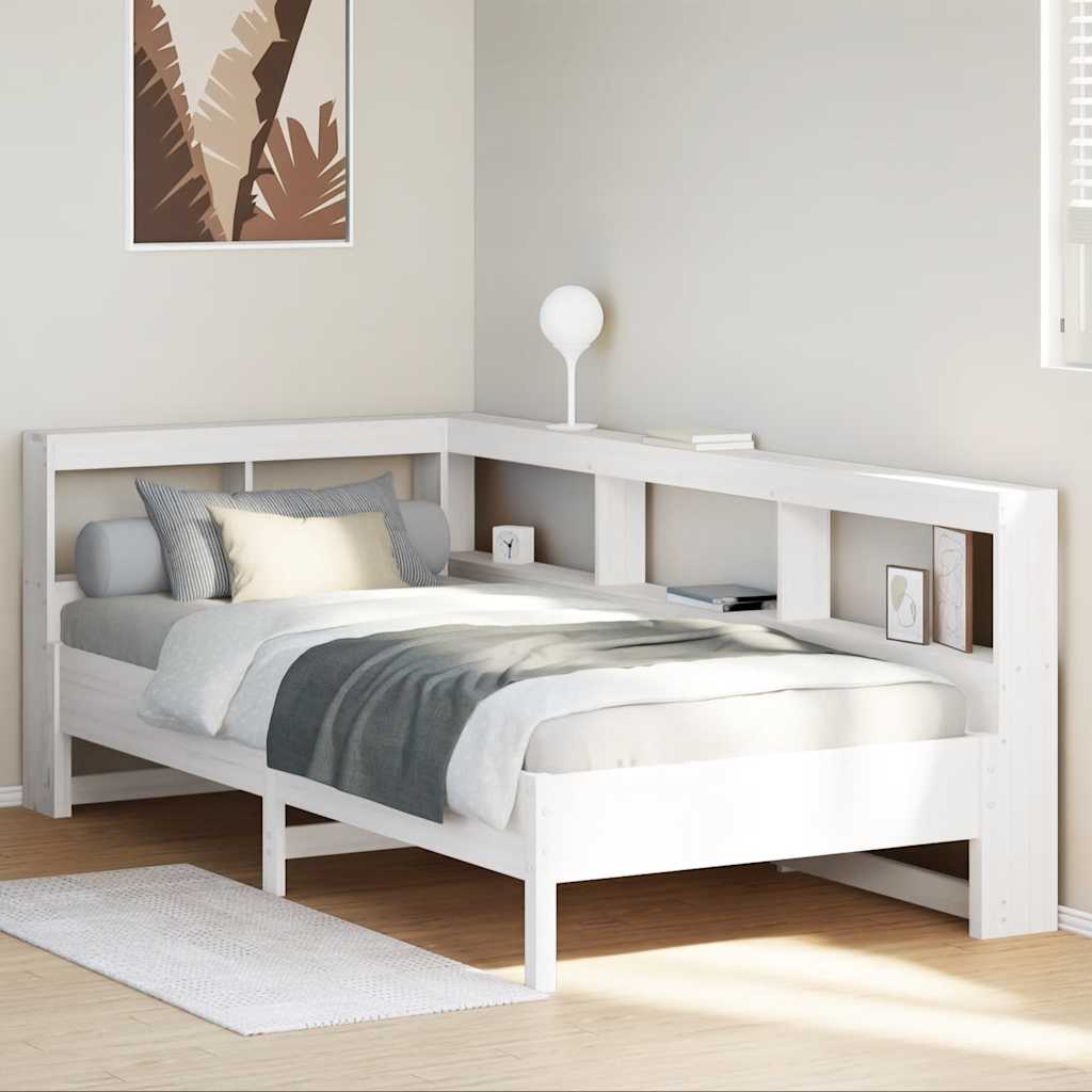 vidaXL Pat cu bibliotecă fără saltea, alb, 90x190 cm, lemn masiv pin vidaXL Pat cu bibliotecă fără saltea, alb, 90x190 cm, lemn masiv pin