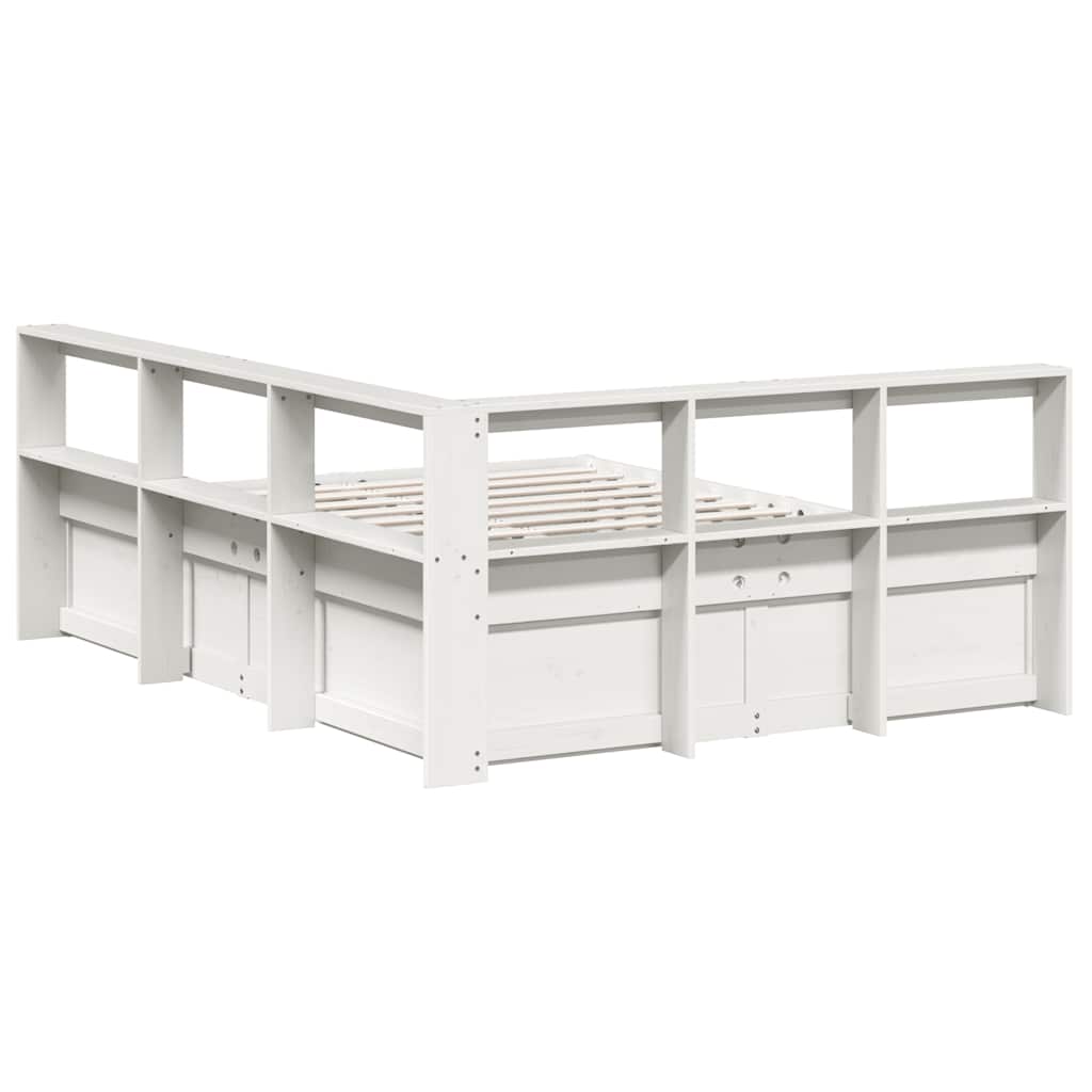 vidaXL Pat cu bibliotecă fără saltea, alb, 150x200 cm, lemn masiv pin