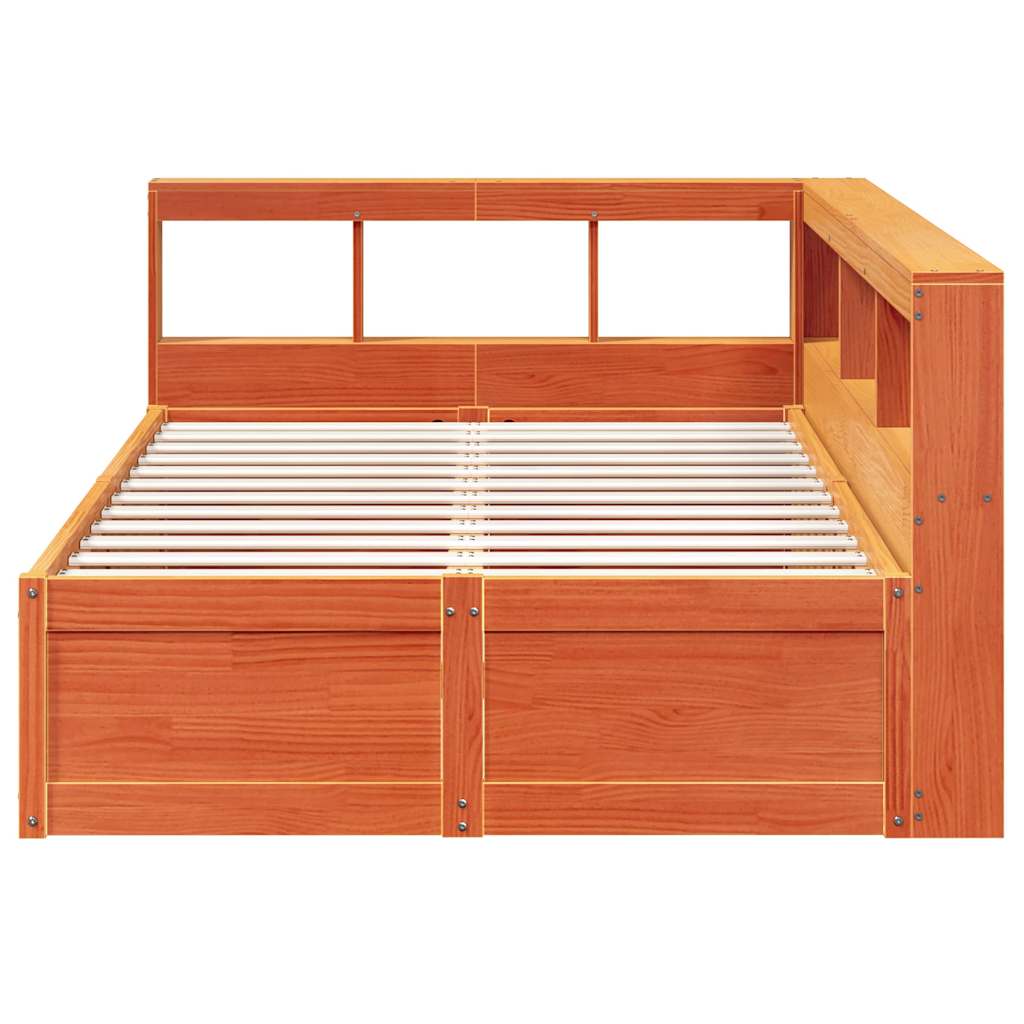 vidaXL Pat cu bibliotecă fără saltea, maro, 120x200 cm, lemn masiv pin vidaXL Pat cu bibliotecă fără saltea, maro, 120x200 cm, lemn masiv pin