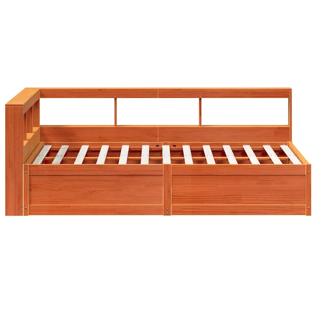 vidaXL Pat cu bibliotecă fără saltea, maro, 120x200 cm, lemn masiv pin vidaXL Pat cu bibliotecă fără saltea, maro, 120x200 cm, lemn masiv pin