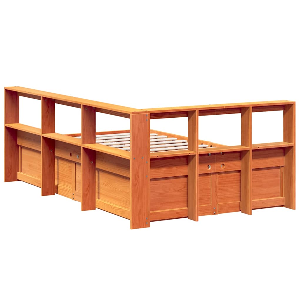 vidaXL Pat cu bibliotecă fără saltea, maro, 120x200 cm, lemn masiv pin vidaXL Pat cu bibliotecă fără saltea, maro, 120x200 cm, lemn masiv pin