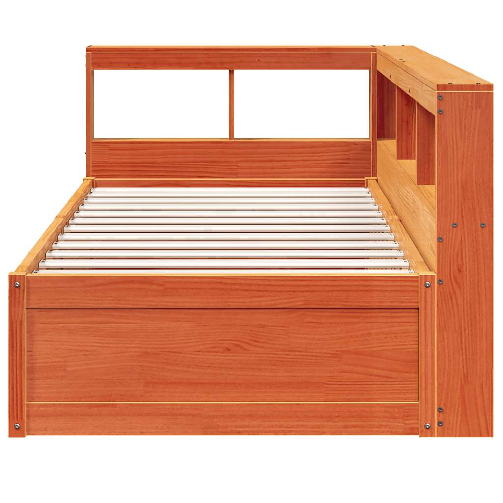 vidaXL Pat cu bibliotecă fără saltea, maro, 100x200 cm, lemn masiv pin vidaXL Pat cu bibliotecă fără saltea, maro, 100x200 cm, lemn masiv pin