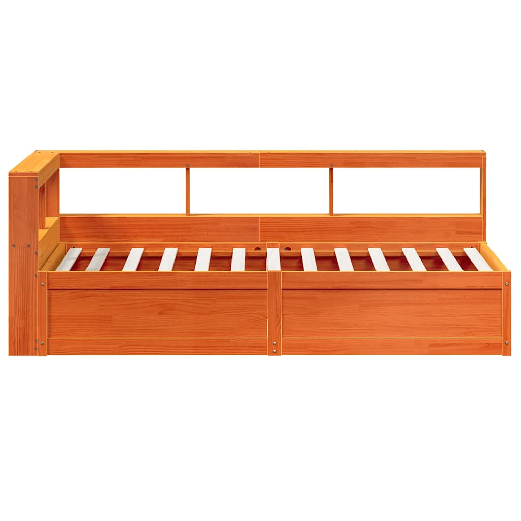 vidaXL Pat cu bibliotecă fără saltea, maro, 90x200 cm, lemn masiv pin vidaXL Pat cu bibliotecă fără saltea, maro, 90x200 cm, lemn masiv pin