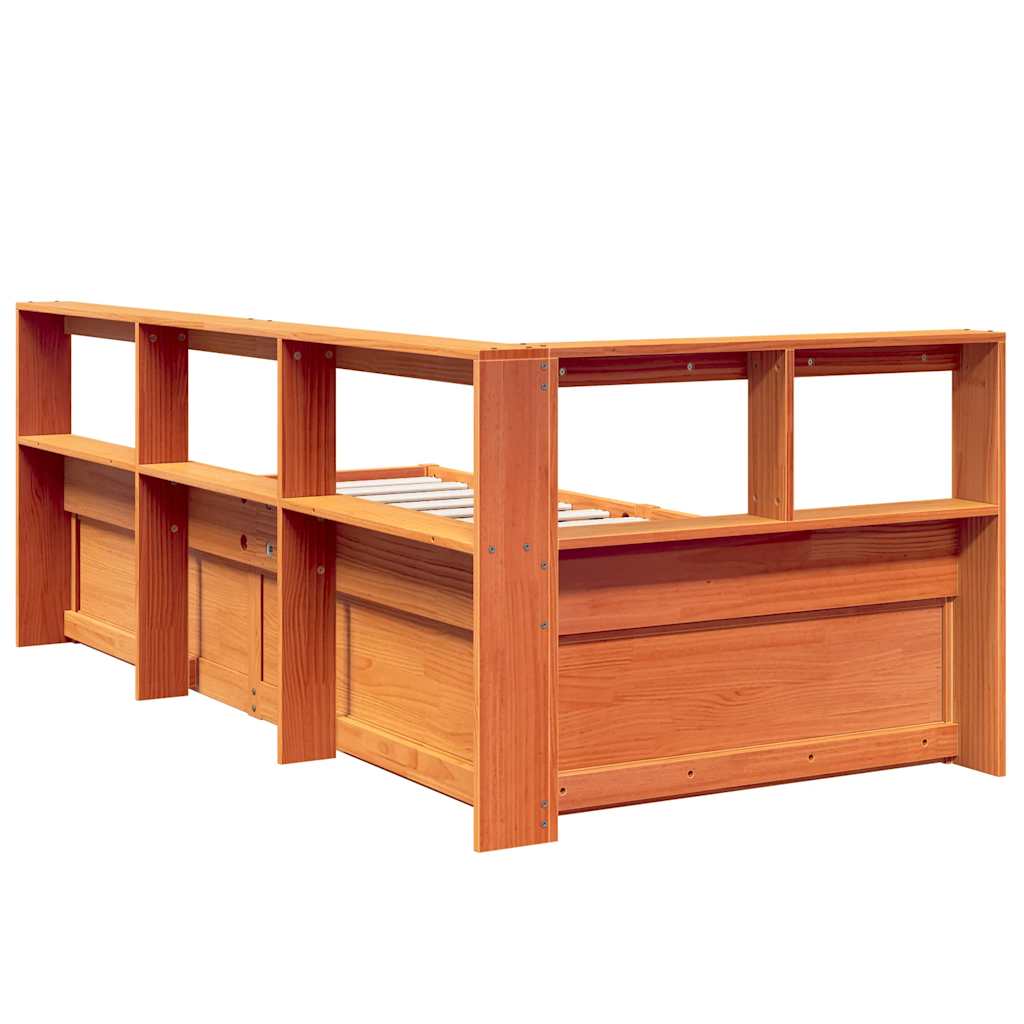 vidaXL Pat cu bibliotecă fără saltea, maro, 90x200 cm, lemn masiv pin vidaXL Pat cu bibliotecă fără saltea, maro, 90x200 cm, lemn masiv pin