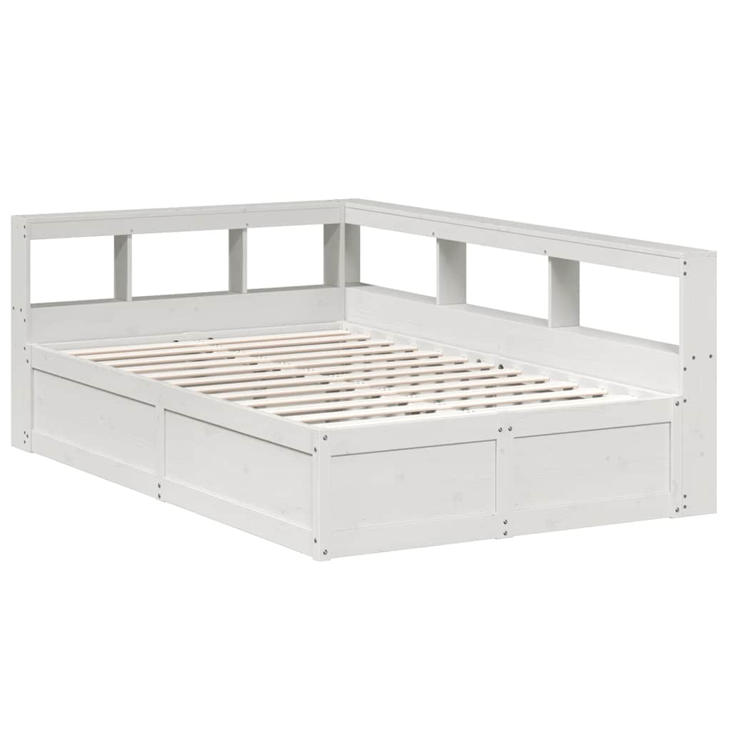 vidaXL Pat cu bibliotecă fără saltea, alb, 135x190 cm, lemn masiv pin