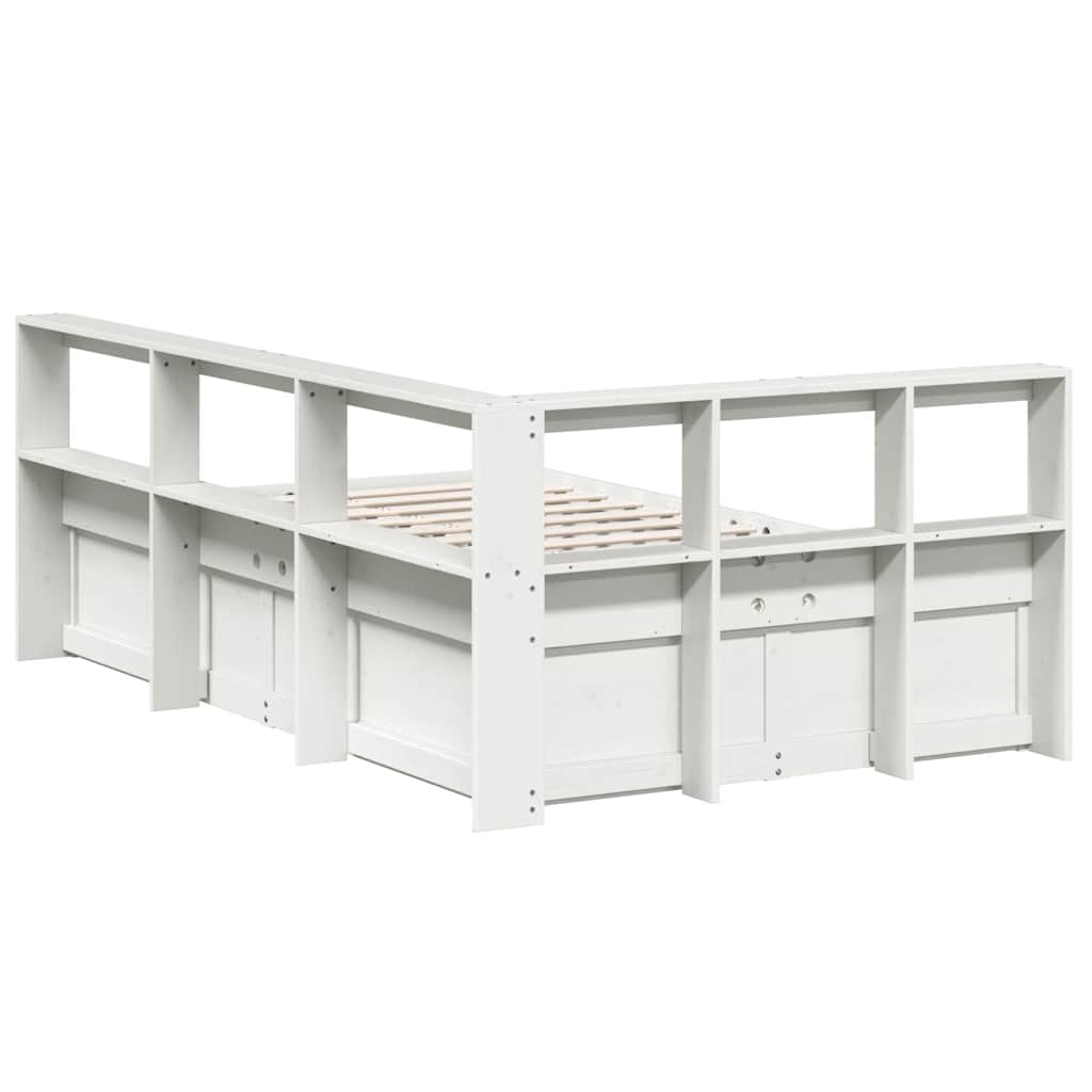 vidaXL Pat cu bibliotecă fără saltea, alb, 135x190 cm, lemn masiv pin