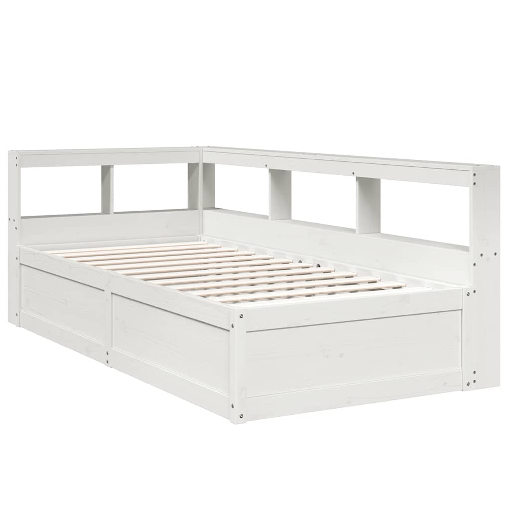 vidaXL Pat cu bibliotecă fără saltea, alb, 90x190 cm, lemn masiv pin vidaXL Pat cu bibliotecă fără saltea, alb, 90x190 cm, lemn masiv pin