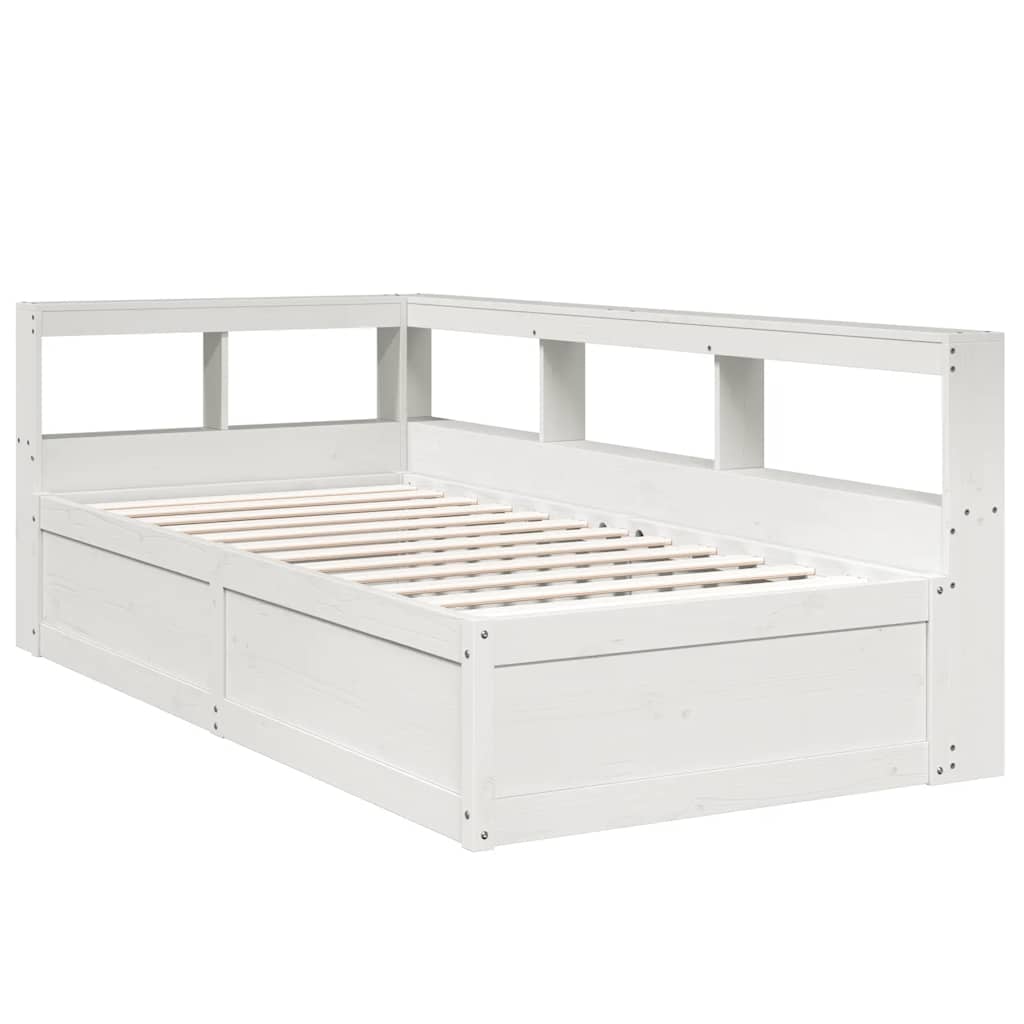vidaXL Pat cu bibliotecă fără saltea, alb, 75x190 cm, lemn masiv pin vidaXL Pat cu bibliotecă fără saltea, alb, 75x190 cm, lemn masiv pin