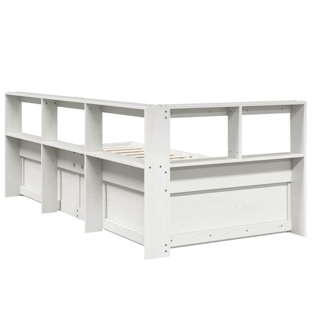 vidaXL Pat cu bibliotecă fără saltea, alb, 75x190 cm, lemn masiv pin vidaXL Pat cu bibliotecă fără saltea, alb, 75x190 cm, lemn masiv pin