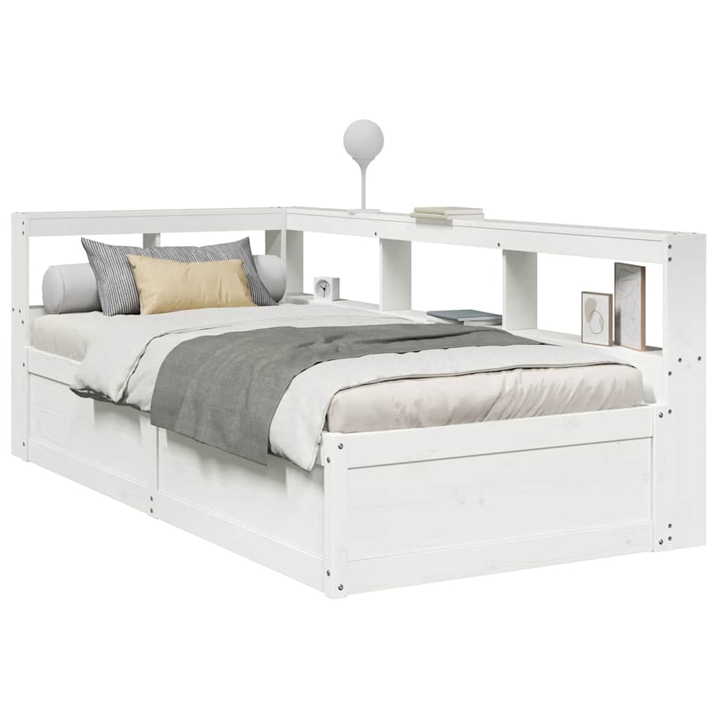 vidaXL Pat cu bibliotecă fără saltea, alb, 75x190 cm, lemn masiv pin vidaXL Pat cu bibliotecă fără saltea, alb, 75x190 cm, lemn masiv pin