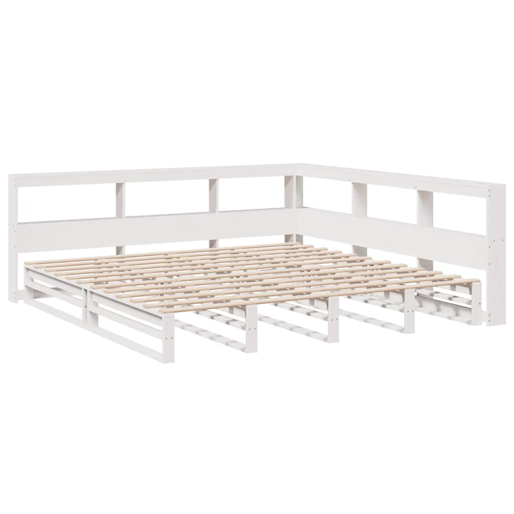 vidaXL Pat cu bibliotecă fără saltea, alb, 200x200 cm, lemn masiv pin
