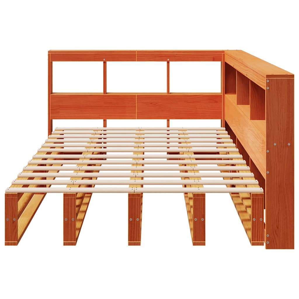 vidaXL Pat cu bibliotecă fără saltea, maro, 120x200 cm, lemn masiv pin vidaXL Pat cu bibliotecă fără saltea, maro, 120x200 cm, lemn masiv pin