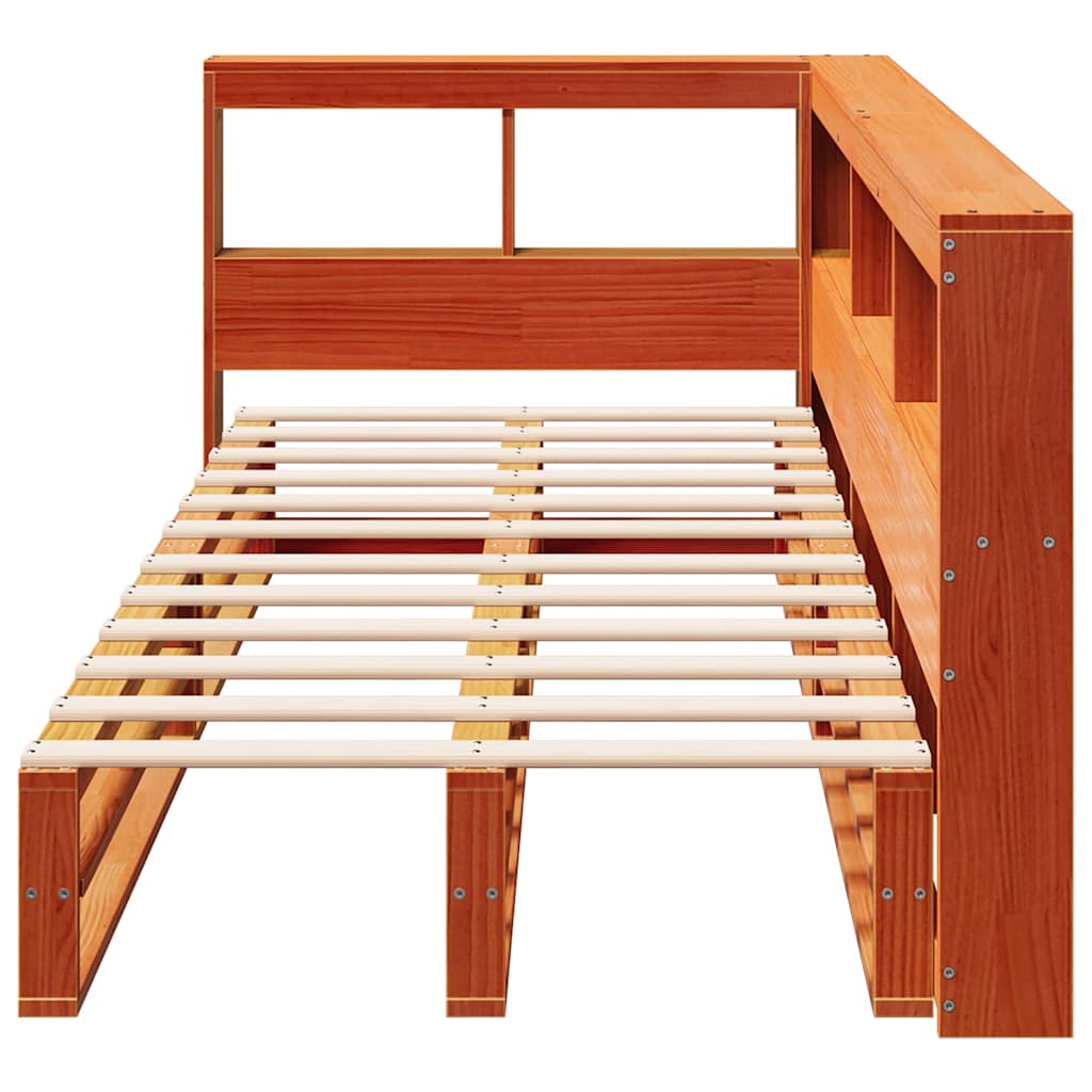 vidaXL Pat cu bibliotecă fără saltea, maro, 90x200 cm, lemn masiv pin vidaXL Pat cu bibliotecă fără saltea, maro, 90x200 cm, lemn masiv pin