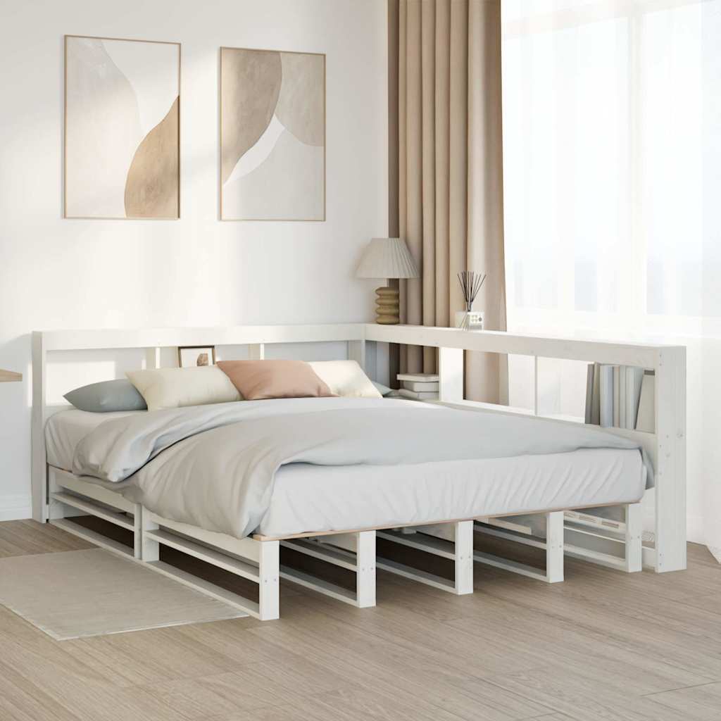 vidaXL Pat cu bibliotecă fără saltea, alb, 140x190 cm, lemn masiv pin