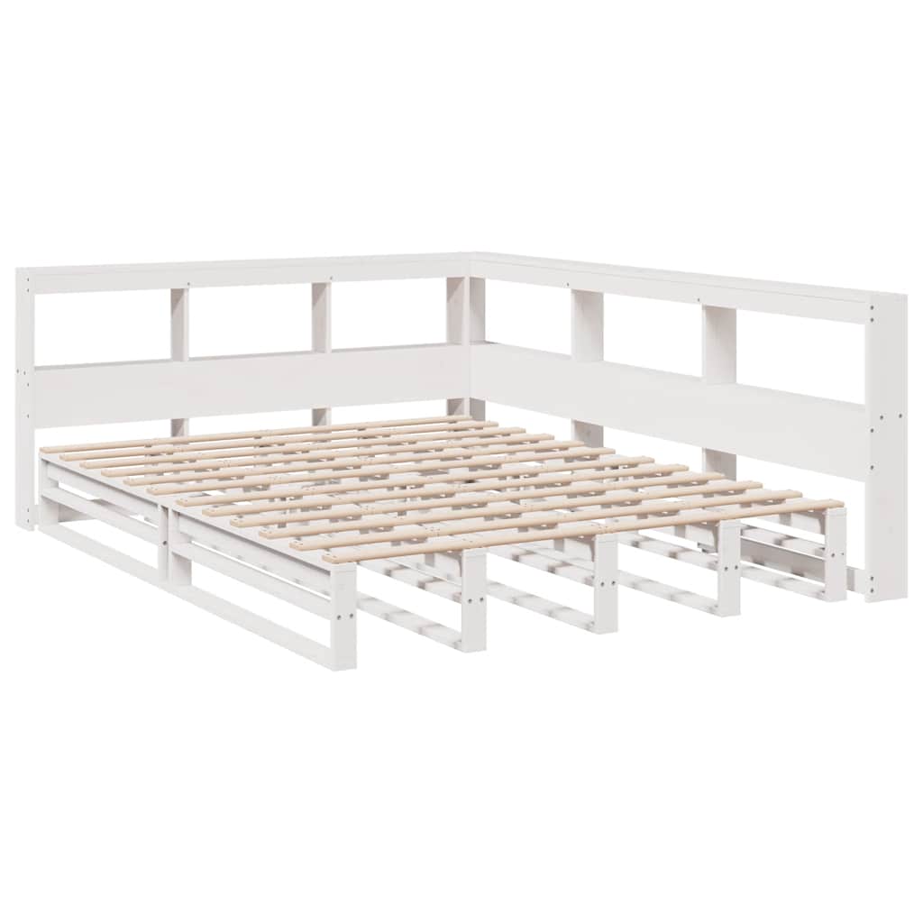 vidaXL Pat cu bibliotecă fără saltea, alb, 135x190 cm, lemn masiv pin vidaXL Pat cu bibliotecă fără saltea, alb, 135x190 cm, lemn masiv pin