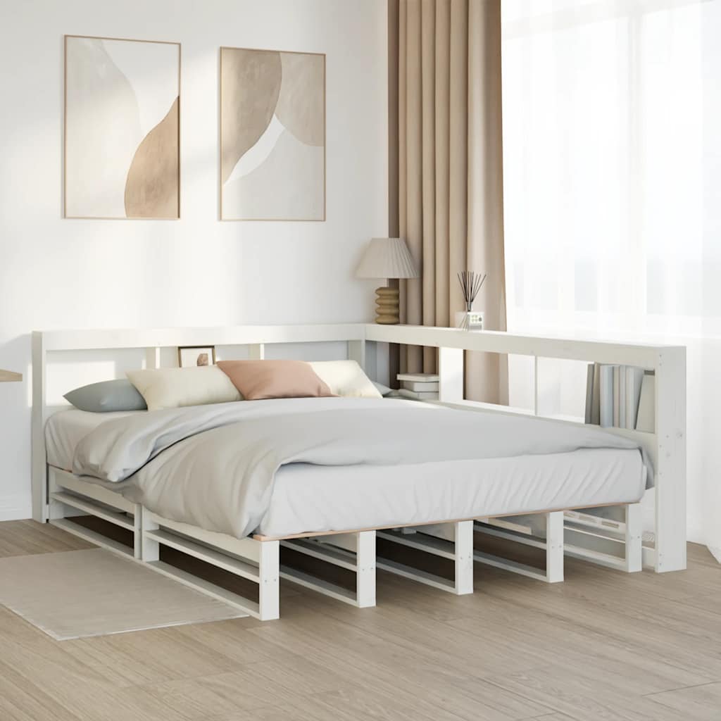 vidaXL Pat cu bibliotecă fără saltea, alb, 135x190 cm, lemn masiv pin vidaXL Pat cu bibliotecă fără saltea, alb, 135x190 cm, lemn masiv pin