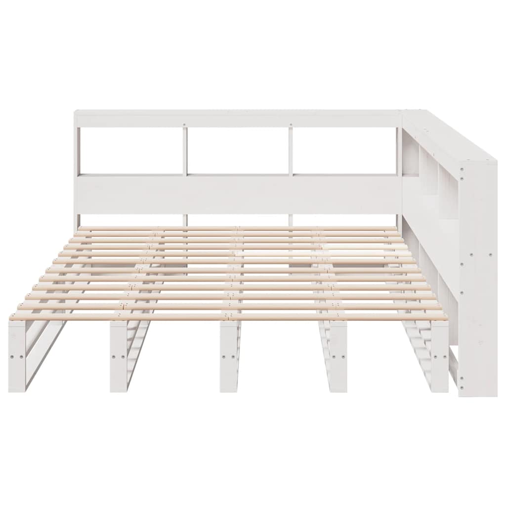 vidaXL Pat cu bibliotecă fără saltea, alb, 135x190 cm, lemn masiv pin vidaXL Pat cu bibliotecă fără saltea, alb, 135x190 cm, lemn masiv pin