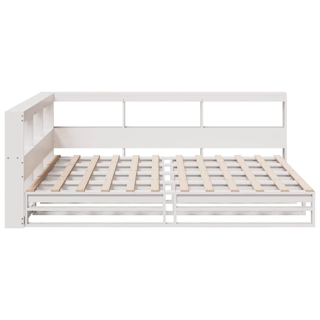 vidaXL Pat cu bibliotecă fără saltea, alb, 135x190 cm, lemn masiv pin vidaXL Pat cu bibliotecă fără saltea, alb, 135x190 cm, lemn masiv pin