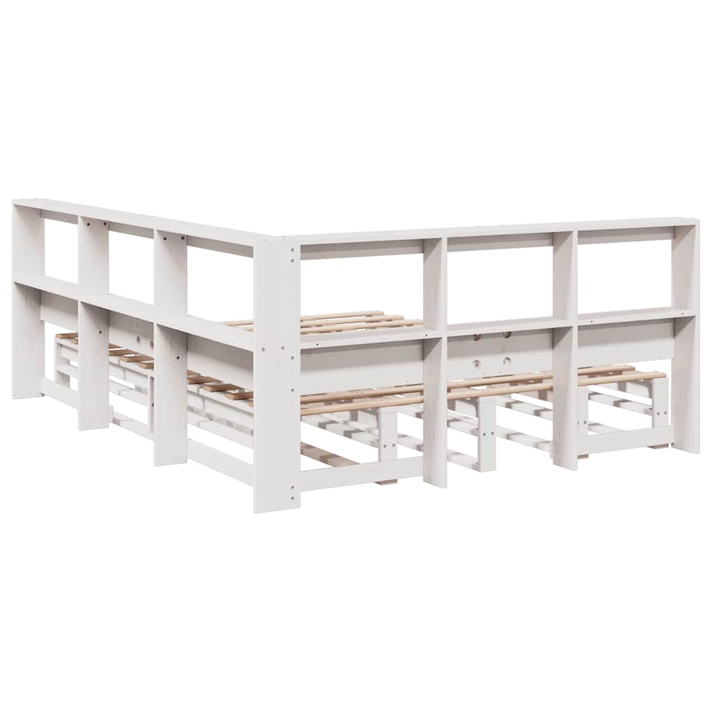vidaXL Pat cu bibliotecă fără saltea, alb, 135x190 cm, lemn masiv pin vidaXL Pat cu bibliotecă fără saltea, alb, 135x190 cm, lemn masiv pin