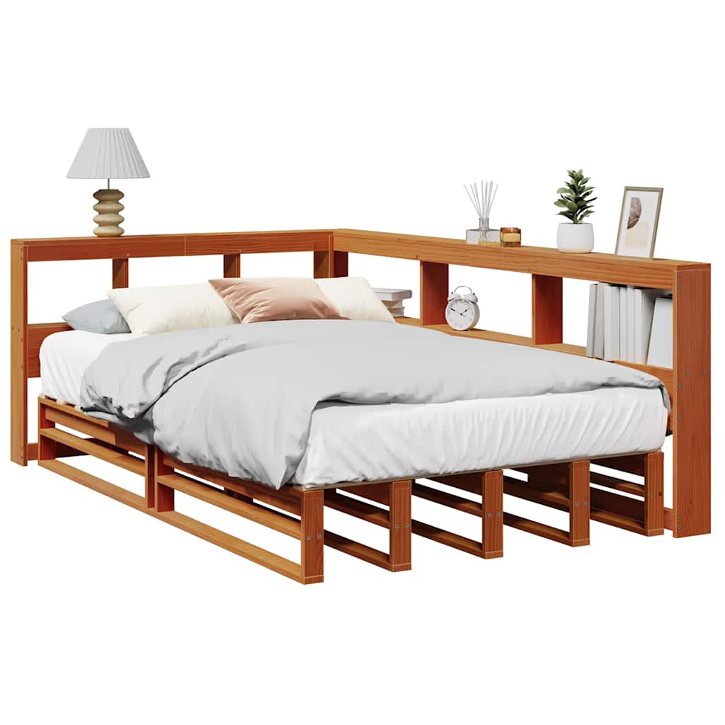 vidaXL Pat cu bibliotecă fără saltea, maro, 120x190 cm, lemn masiv pin vidaXL Pat cu bibliotecă fără saltea, maro, 120x190 cm, lemn masiv pin