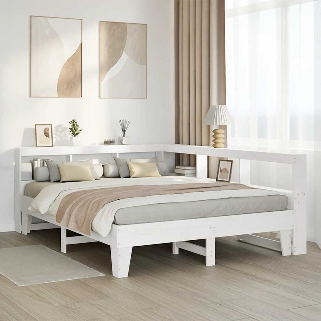 vidaXL Pat cu bibliotecă fără saltea, alb, 150x200 cm, lemn masiv pin vidaXL Pat cu bibliotecă fără saltea, alb, 150x200 cm, lemn masiv pin