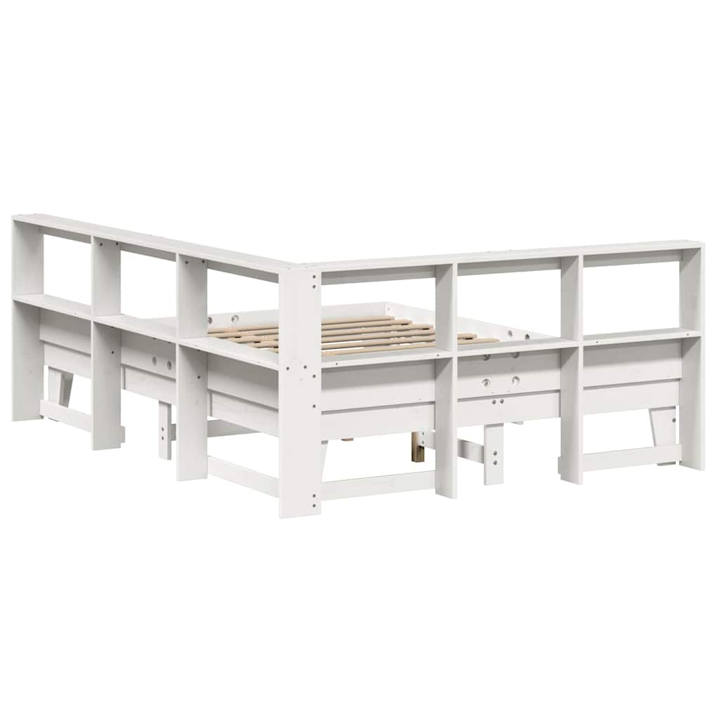 vidaXL Pat cu bibliotecă fără saltea, alb, 150x200 cm, lemn masiv pin vidaXL Pat cu bibliotecă fără saltea, alb, 150x200 cm, lemn masiv pin