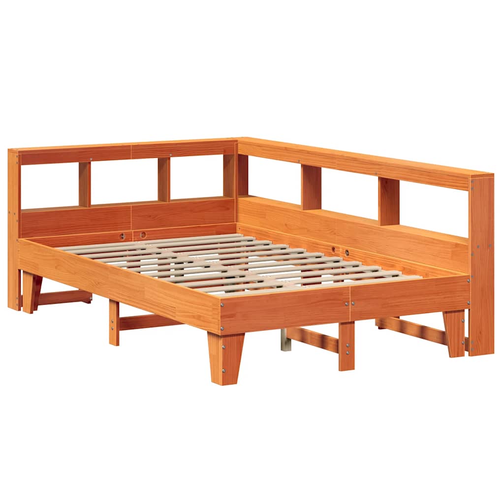 vidaXL Pat cu bibliotecă fără saltea, maro, 120x200 cm, lemn masiv pin vidaXL Pat cu bibliotecă fără saltea, maro, 120x200 cm, lemn masiv pin