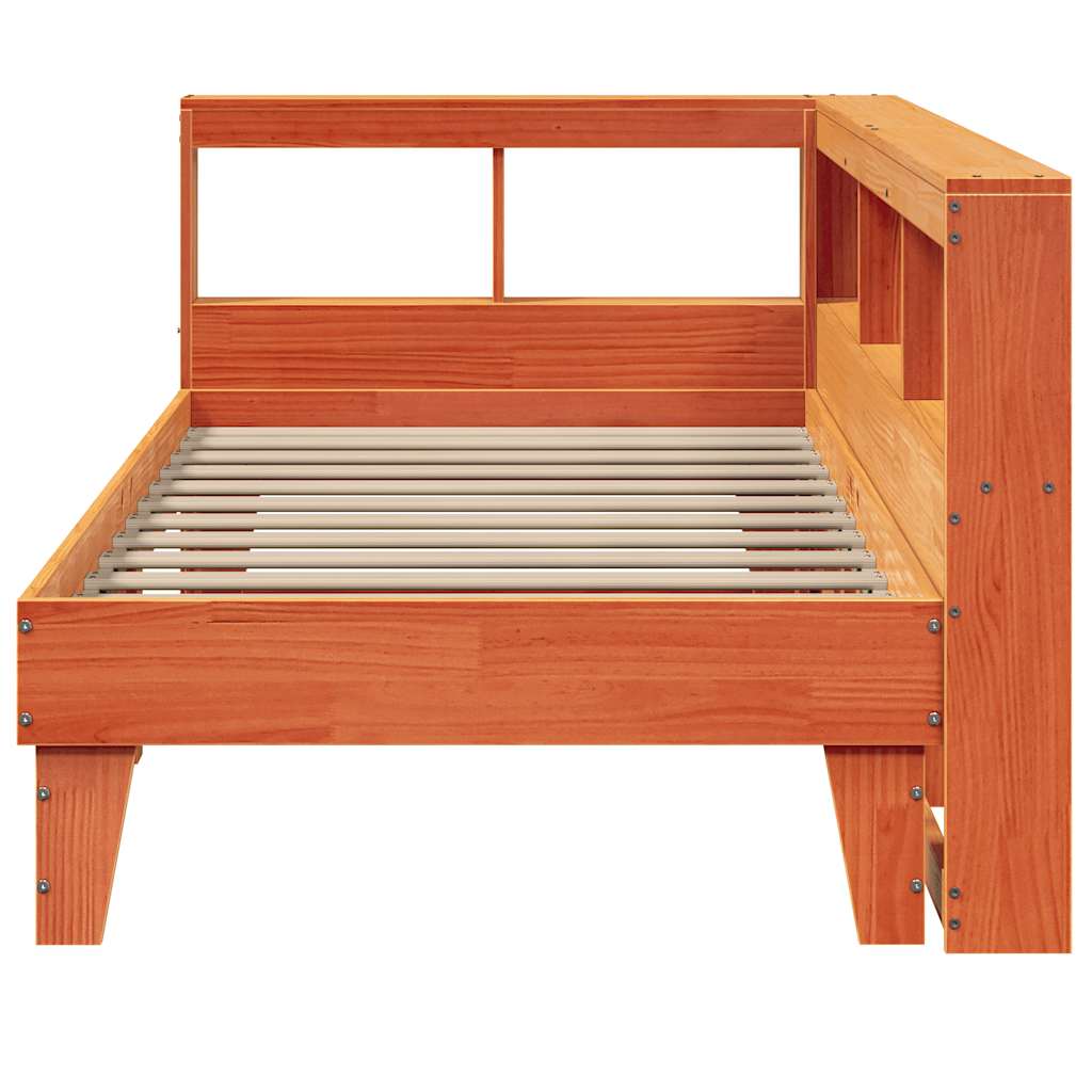 vidaXL Pat cu bibliotecă fără saltea, maro, 100x200 cm, lemn masiv pin vidaXL Pat cu bibliotecă fără saltea, maro, 100x200 cm, lemn masiv pin