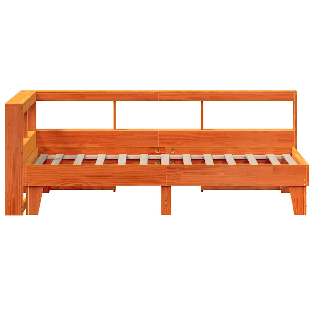vidaXL Pat cu bibliotecă fără saltea, maro, 100x200 cm, lemn masiv pin vidaXL Pat cu bibliotecă fără saltea, maro, 100x200 cm, lemn masiv pin