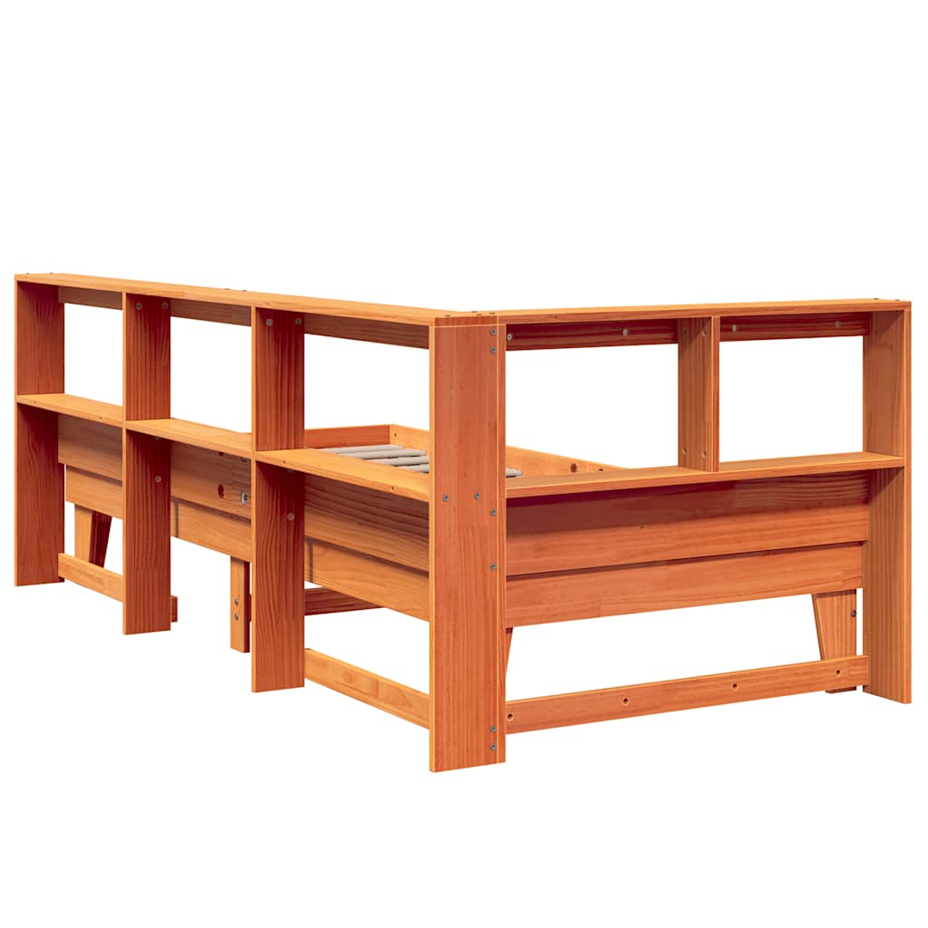 vidaXL Pat cu bibliotecă fără saltea, maro, 100x200 cm, lemn masiv pin vidaXL Pat cu bibliotecă fără saltea, maro, 100x200 cm, lemn masiv pin