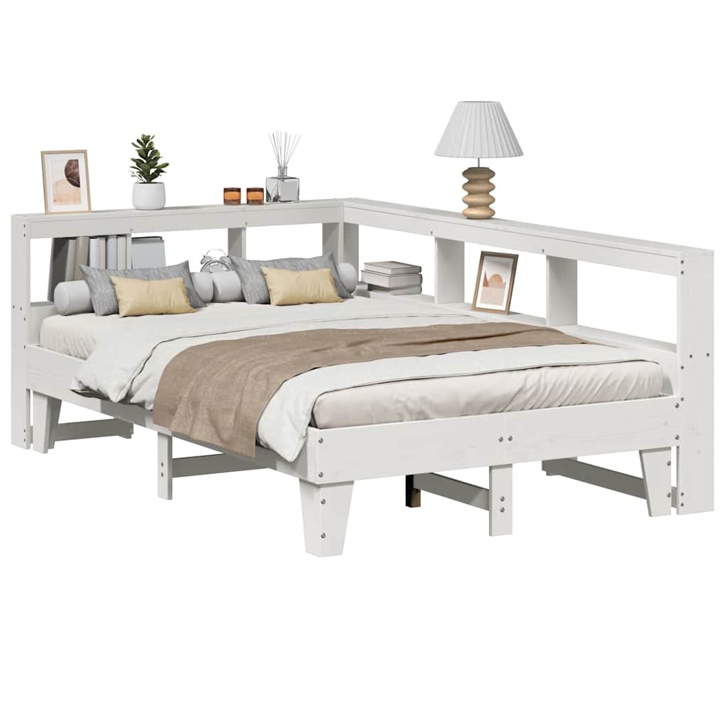vidaXL Pat cu bibliotecă fără saltea, alb, 135x190 cm, lemn masiv pin vidaXL Pat cu bibliotecă fără saltea, alb, 135x190 cm, lemn masiv pin