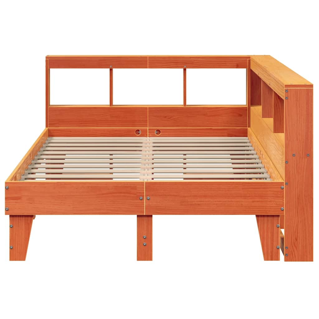 vidaXL Pat cu bibliotecă fără saltea, maro, 120x190 cm, lemn masiv pin vidaXL Pat cu bibliotecă fără saltea, maro, 120x190 cm, lemn masiv pin