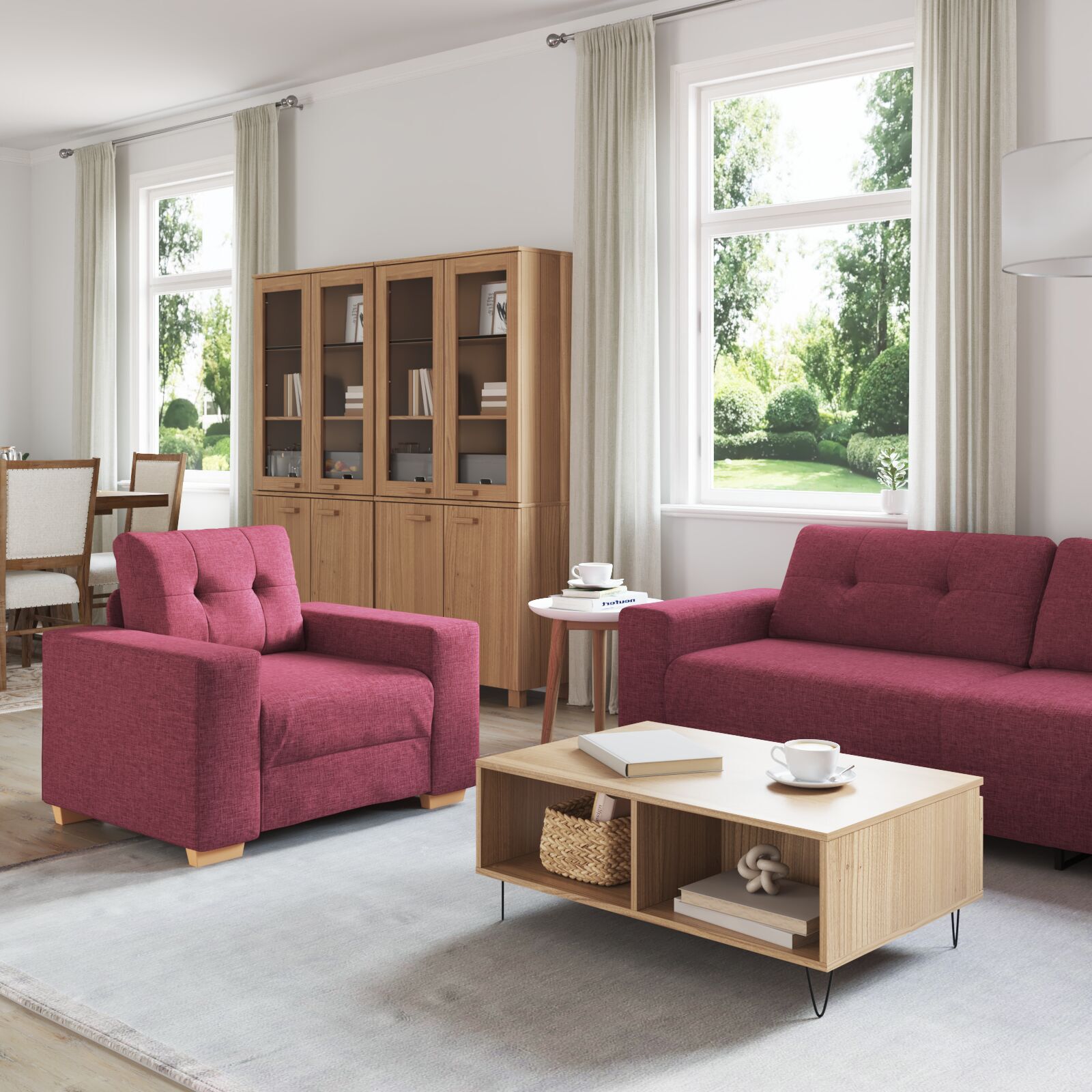 vidaXL Set de canapea cu pernă cu pernă 3 pcs Roșu Vin țesătură