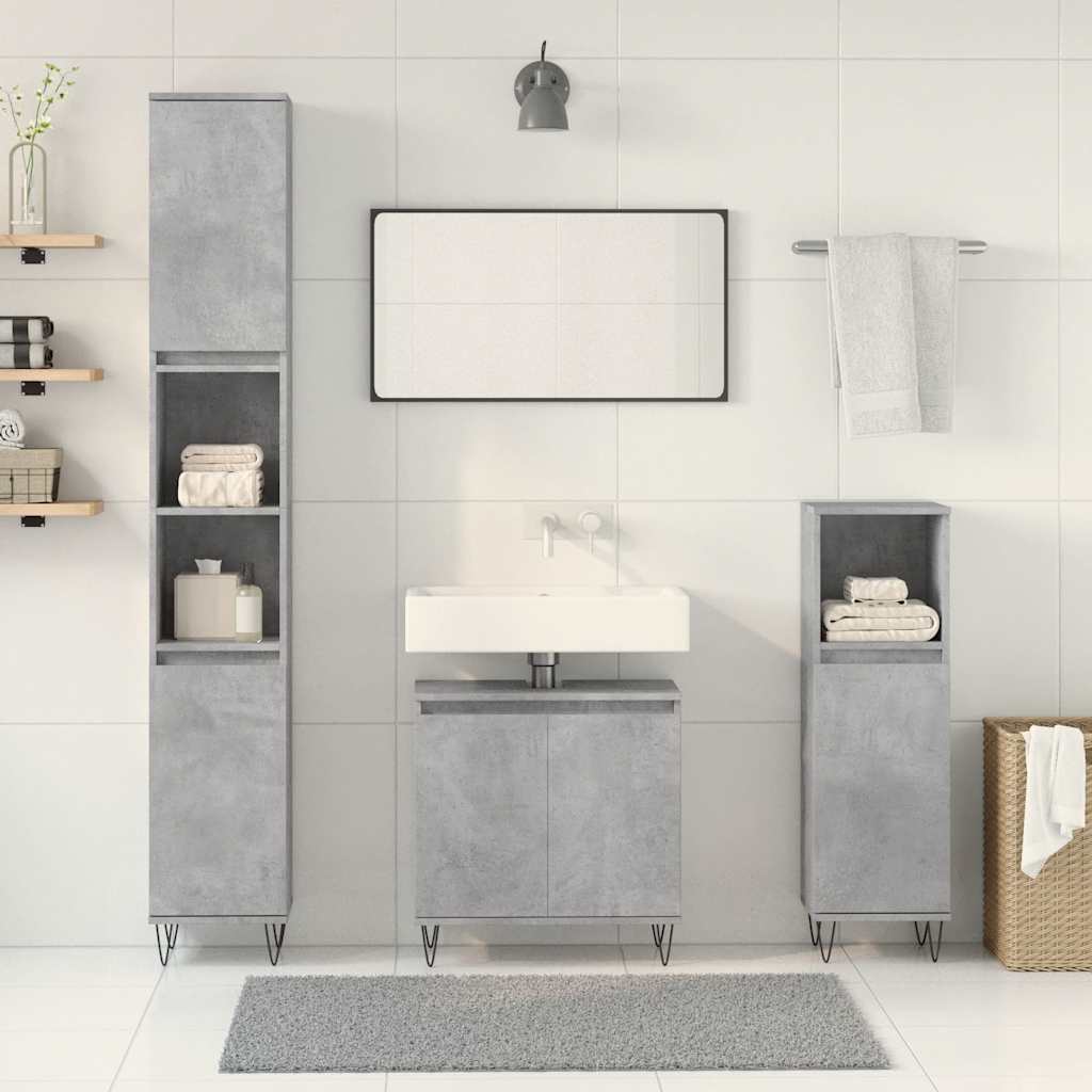 vidaXL Set mobilier de baie, 3 piese, gri beton, lemn compozit vidaXL Set mobilier de baie, 3 piese, gri beton, lemn compozit