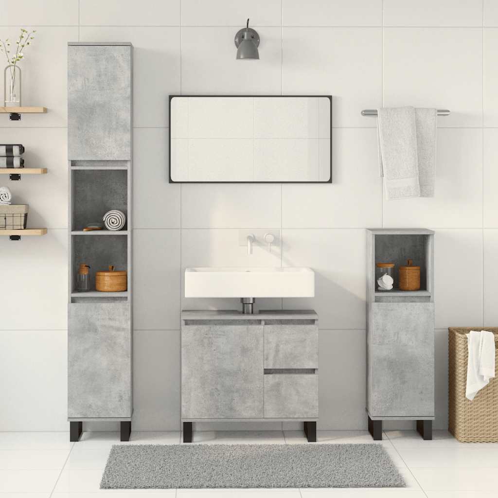 vidaXL Set mobilier de baie, 3 piese, gri beton, lemn compozit vidaXL Set mobilier de baie, 3 piese, gri beton, lemn compozit